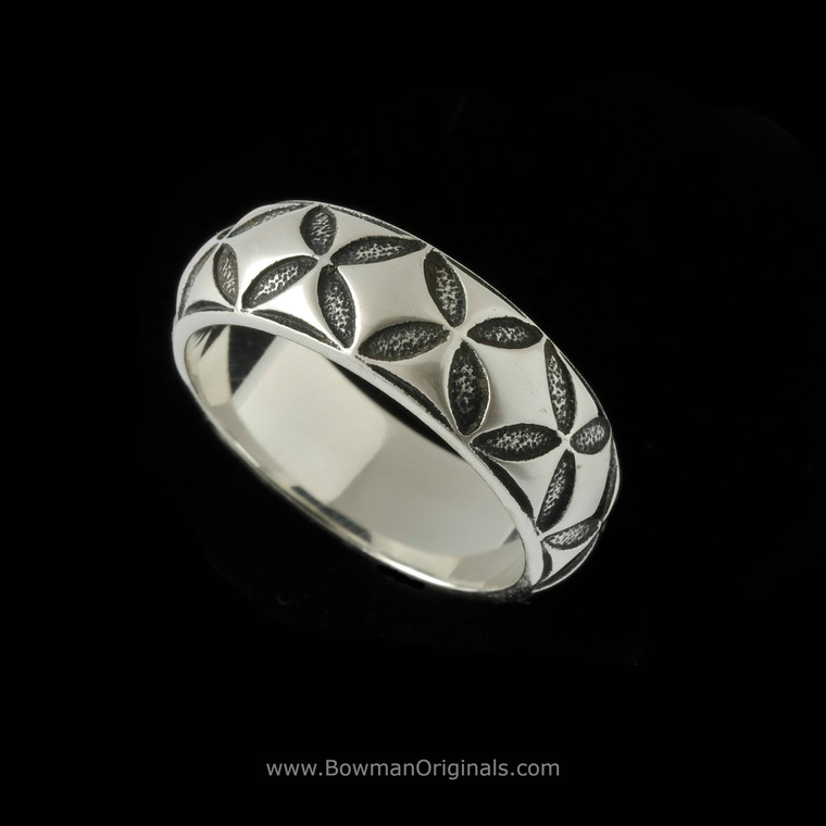 Sterling Silver Mosaic Band Ring,  1/4 inch (6.5mm) wide, handmade by Bowman Originals, Sarasota, Florida.
