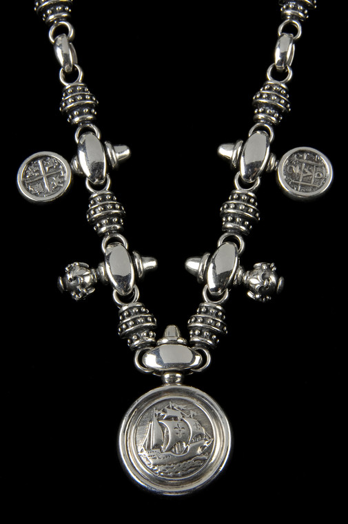 Creating a timeless piece with a hint of pirate lore this handmade Sterling Silver Galleon Necklace is perfect for those who treasure history and bold, evocative jewelry. USA. Call or text 941-302-9594. www.BowmanOriginals.com
