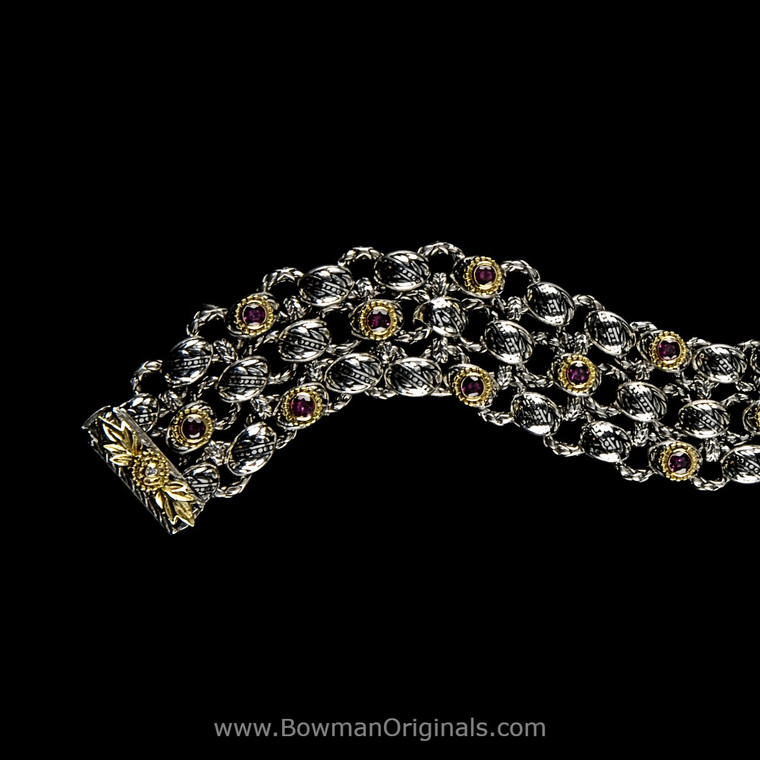 Handmade Sterling Silver & 18k Gold Laurel Leaf Bracelet with rhodolite garnet, diamond, and black vitreous enamel
