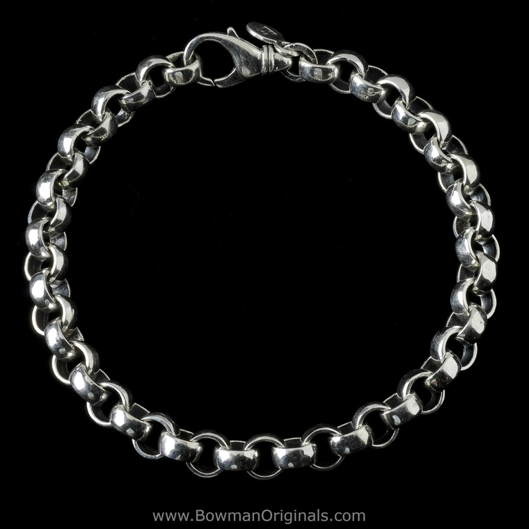 Neptune Chain Link Rolo Stackable Bracelet handmade in sterling silver with 8mm wide links by Bowman Originals.
