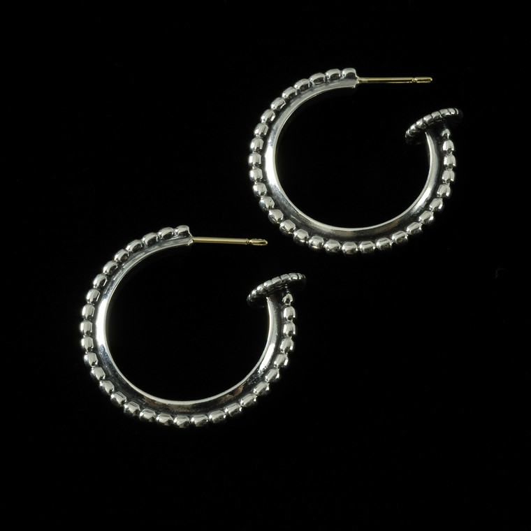 Hoop Earrings in beaded Sterling Silver handmade by Bowman Originals, USA