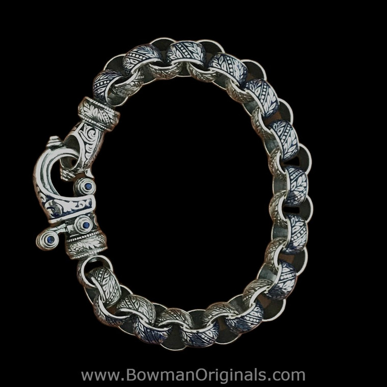 Sterling Silver, Blue Sapphire and Blue Enamel Laurel Leaf Hook Bracelet handmade by Bowman Originals, front view
