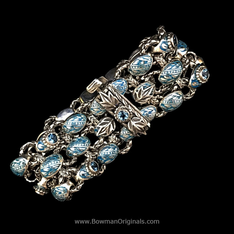 Blue Topaz Laurel Leaf Bracelet in Sterling Silver with Turquoise Blue Enamel  handmade by Bowman Originals, front view