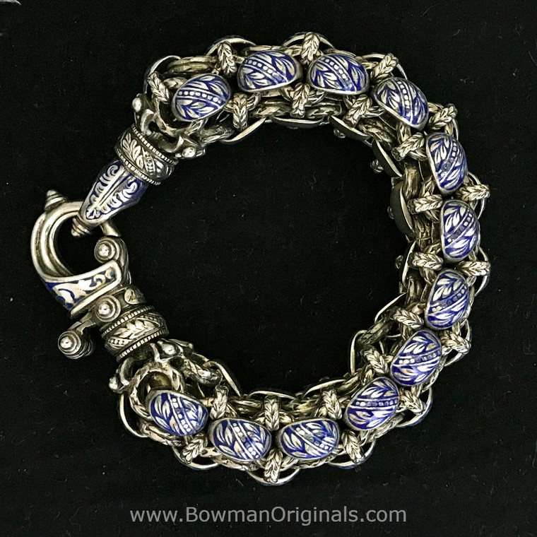 Rolled Laurel Leaf Bracelet in blue vitreous enamel and sterling silver with hook clasp, handmade by Bowman Originals
