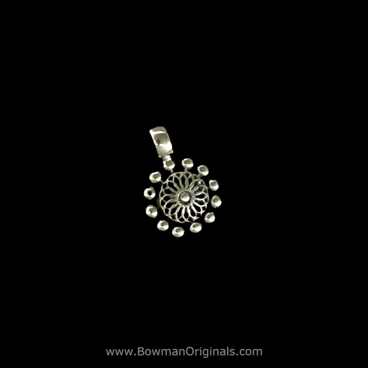 Beaded Sterling Silver Flower Pendant on Silk Cord handmade by Bowman Originals, Sarasota, 941-302-9594 Beaded Sterling Silver Flower Pendant on Silk Cord handmade by Bowman Originals, Sarasota, 941-302-9594