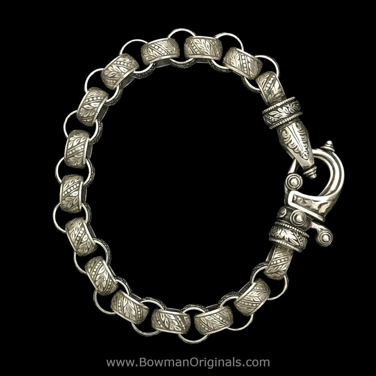 Sterling Silver Laurel Leaf Hook Bracelet with Dove Gray Enamel handmade by Bowman Originals, front view
