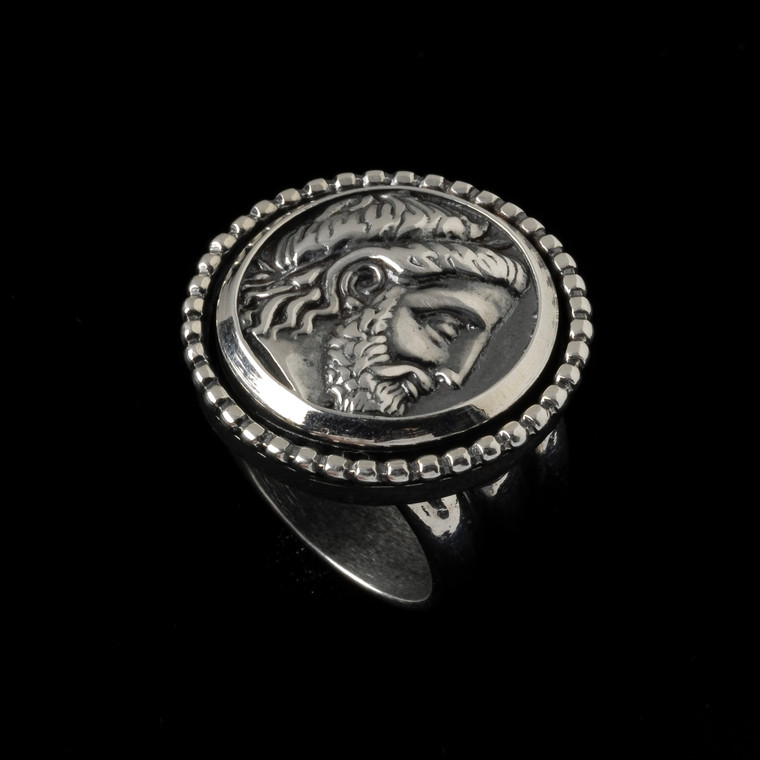 A beautiful sterling silver wide band ring  with King Philip of Macedonia Alexander the Great's father. Call or text 941-302-9594.  www.BowmanOriginals.com 