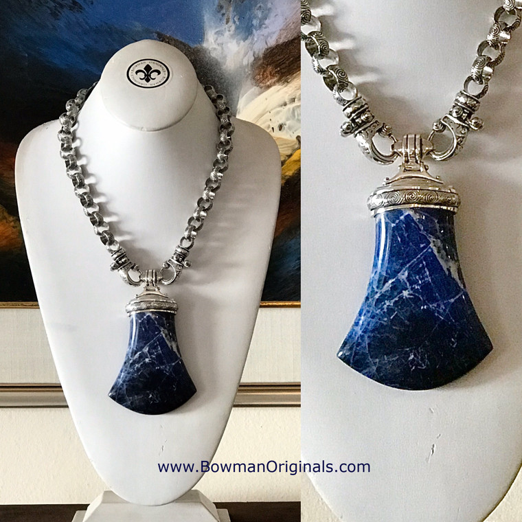 Sodalite Celtic Axe Pendant Necklace handcrafted in Sterling Silver with removable spiral link necklace by Bowman Originals

