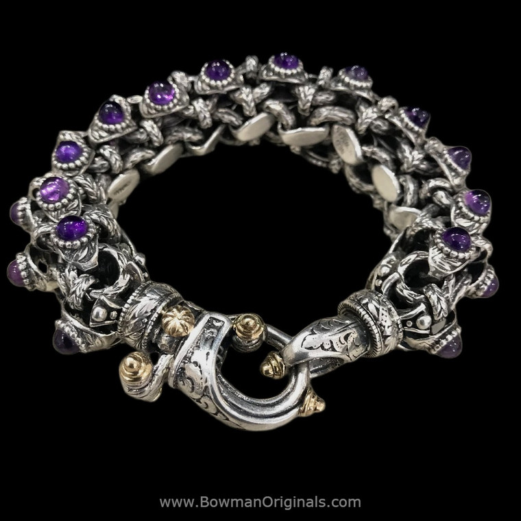 Handmade Sterling Silver Rolled Laurel Leaf Link Hook Bracelet with 18k Gold, Amethyst, and Enamel by Bowman Originals
