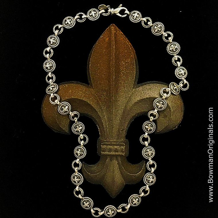 Handmade Sterling Silver Fleur-de-Lis Chain Link Layering Necklace by Bowman Originals. 3/8 inch wide links . Sarasota, Fl.