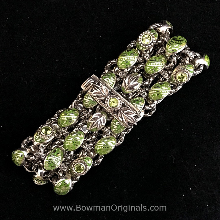 Clasp view of Handmade Sterling Silver Laurel Leaf Link Bracelet with Green Vitreous Enamel and Peridot by Bowman Originals