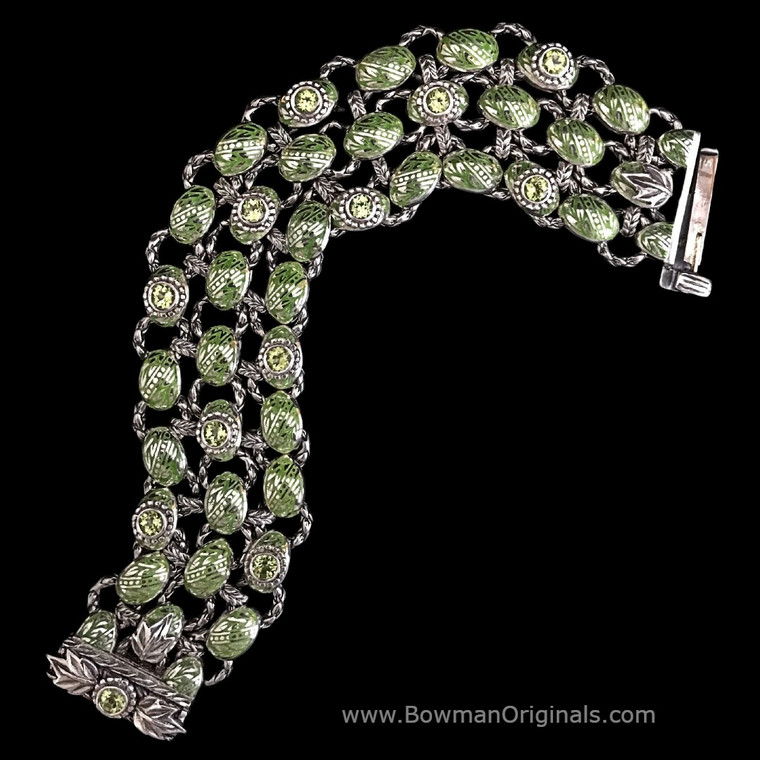 Handmade Sterling Silver Laurel Leaf Link Bracelet with Enamel and Peridot, Bowman Originals, front view
