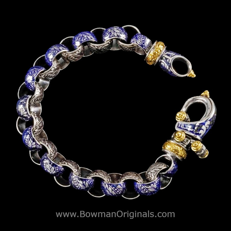 Handmade Sterling Silver Laurel Leaf Link Hook Bracelet with 18k Gold and Cobalt Blue Vitreous Enamel by Bowman Originals