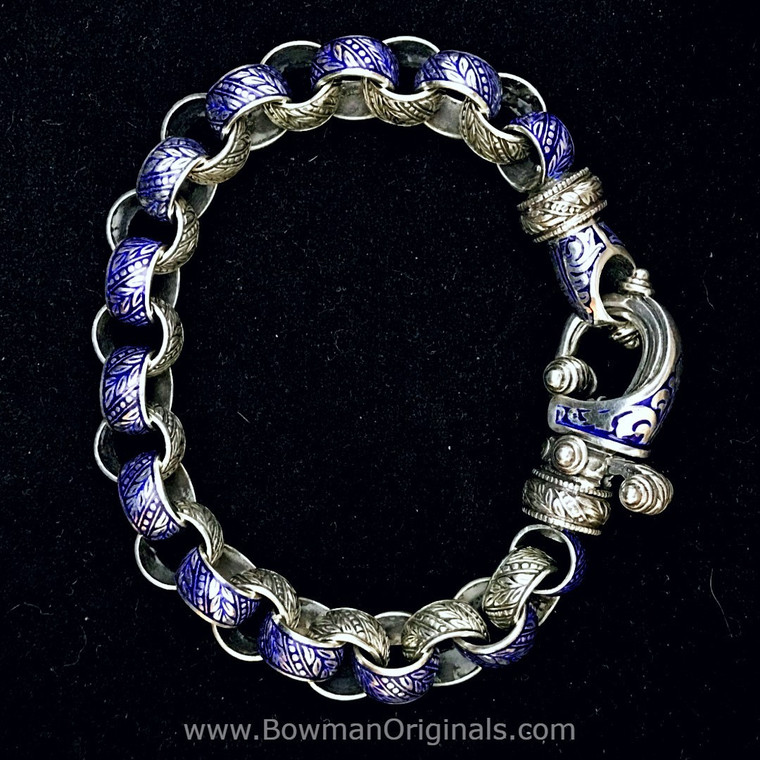 Handmade Sterling Silver Laurel Leaf Link Hook Bracelet with Blue Vitreous Enamel by Bowman Originals