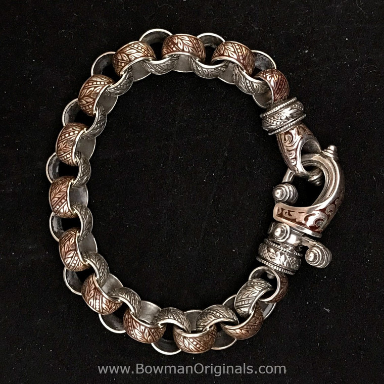 Handmade Sterling Silver Laurel Leaf Link Hook Bracelet with Brown Vitreous Enamel by Bowman Originals
