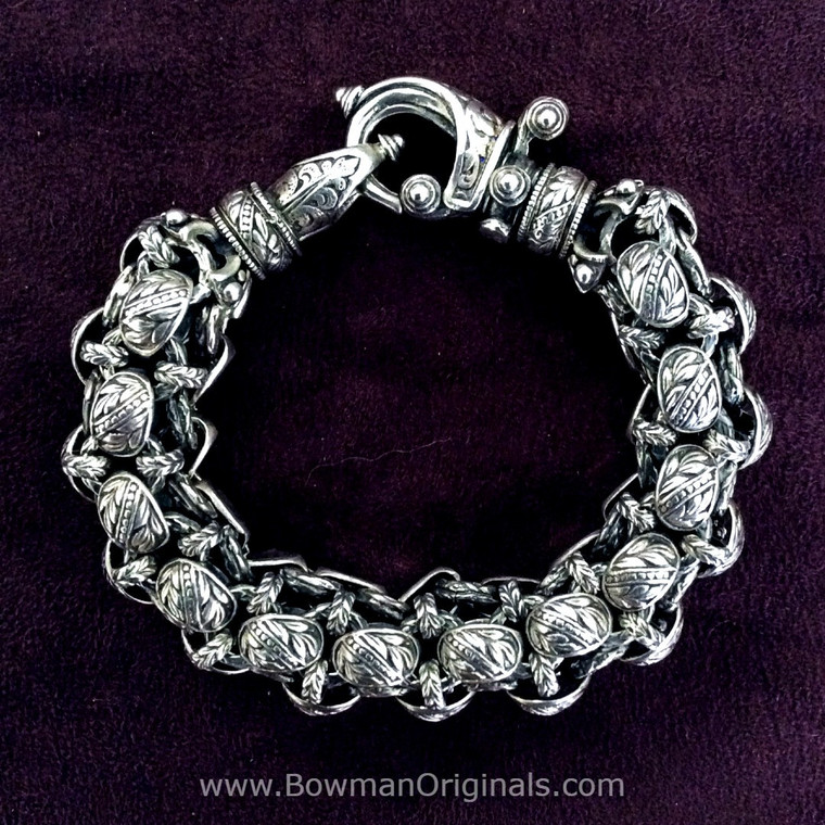 Handmade Sterling Silver Rolled Laurel Leaf Link Hook Bracelet  handmade by Bowman Originals, USA
