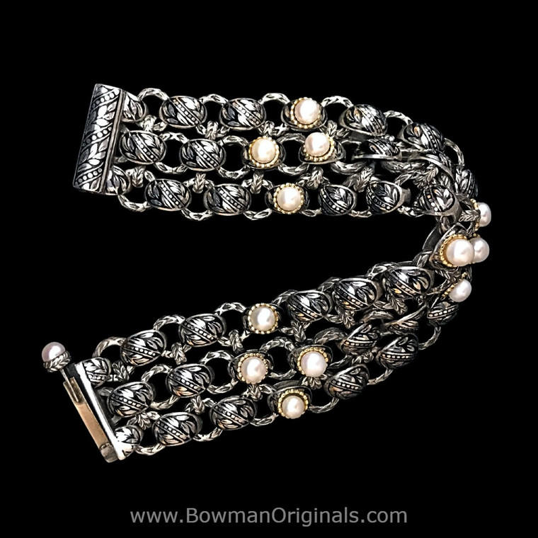 Handmade Sterling Silver Laurel Leaf Link Bracelet heirloom 18k Gold, Pearl, and Black Vitreous Enamel by Bowman Originals