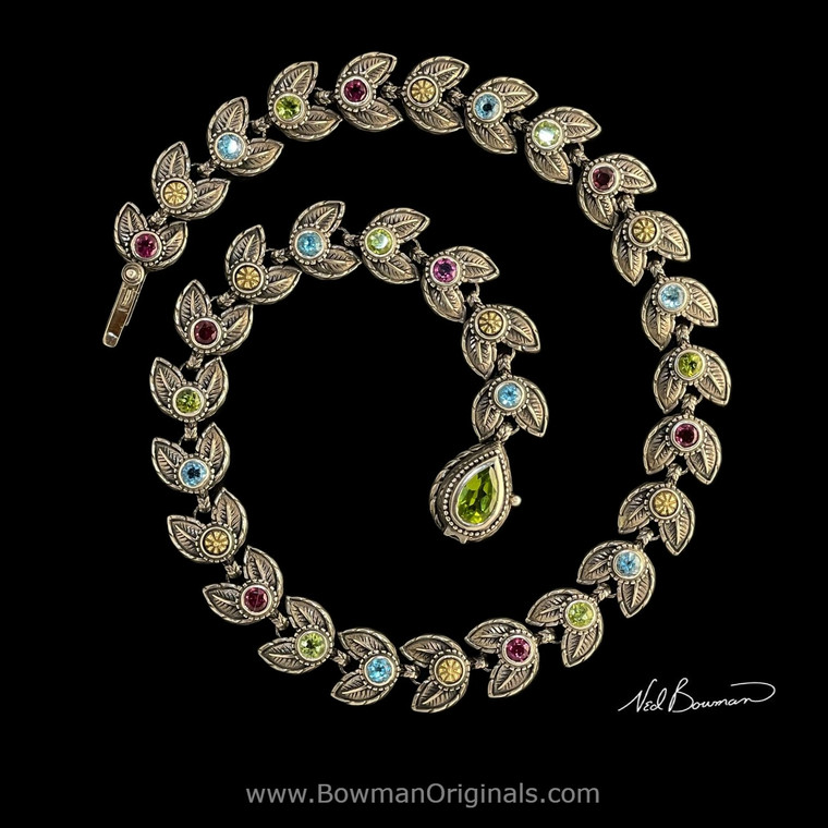 Laurel Leaf Necklace in Sterling Silver, 18k Gold, Peridot, Garnet and Topaz handmade by Bowman Originals
