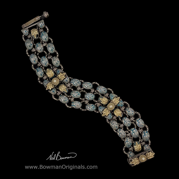 Legacy Laurel Leaf three row bracelet in sterling silver, 18k gold, Diamond and Turquoise Blue enamel by Bowman Originals
