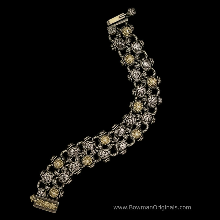 Legacy Laurel Leaf bracelet in Sterling Silver and 18k Gold with Diamond and black enamel by Bowman Originals, full view
