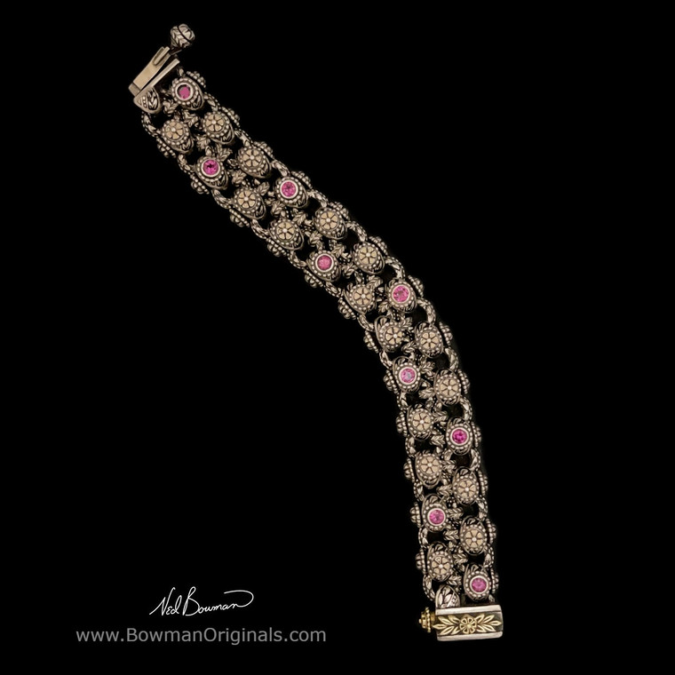 Legacy Organic Laurel Leaf bracelet in Sterling Silver and 18k Gold with Rhodolite and black enamel, full view
