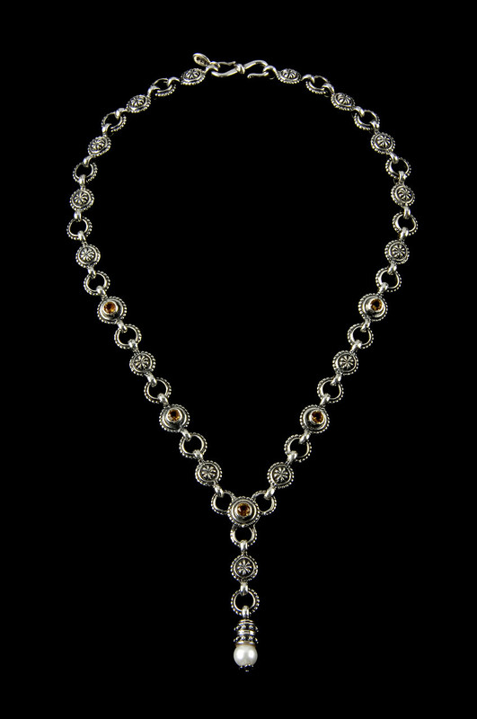 "Y" Necklace handmade Sterling Silver link necklace with Citrine and Pearl by Bowman Originals, Sarasota, 941-302-9594