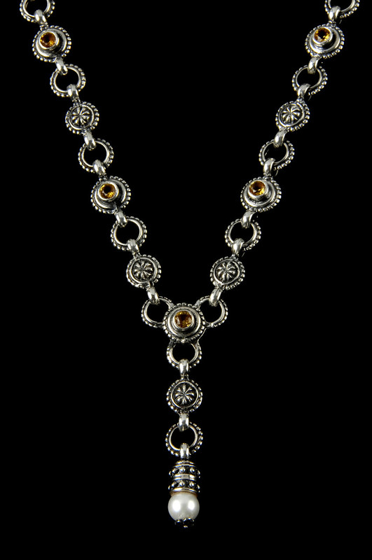 "Y" Necklace handmade in Sterling Silver with Citrine  and Pearl by Bowman Originals, Sarasota, 941-302-9594