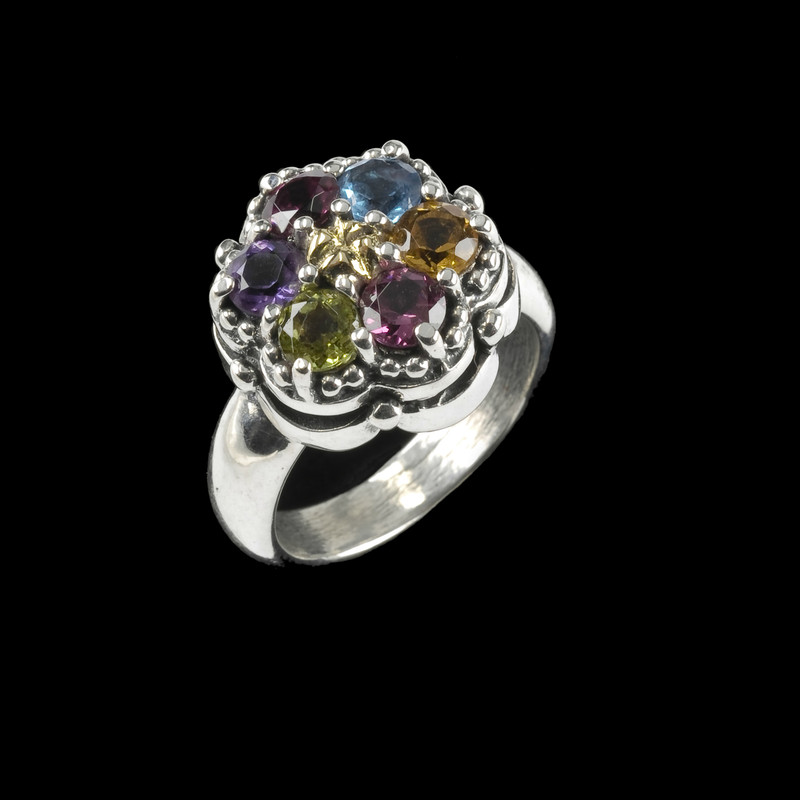 Cluster Ring in Sterling Silver, 18 k Gold and Multi Gemstones by Bowman Originals, Sarasota, 941-302-9594