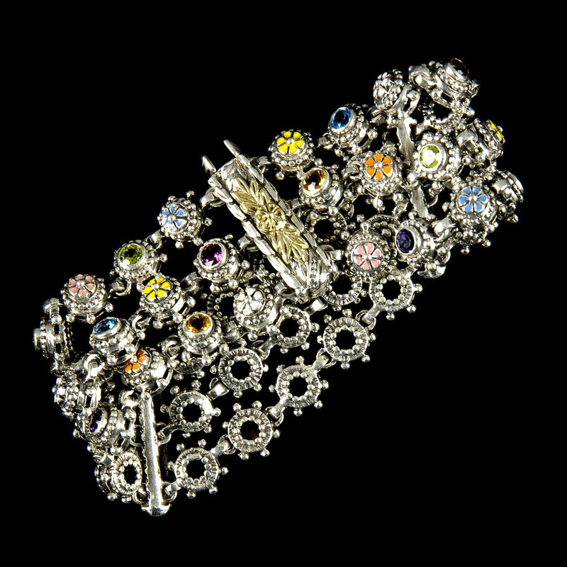 Three Row Bracelet  handmade in Sterling Silver with Enamel and Gemstones by Bowman Originals, USA