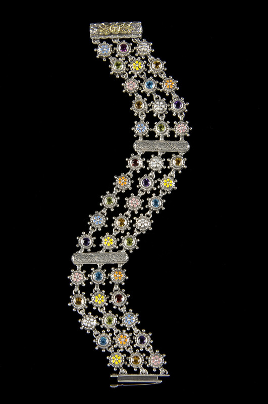 Three Row Bracelet, Silver, Enamel, Gemstones by Bowman Originals, USA