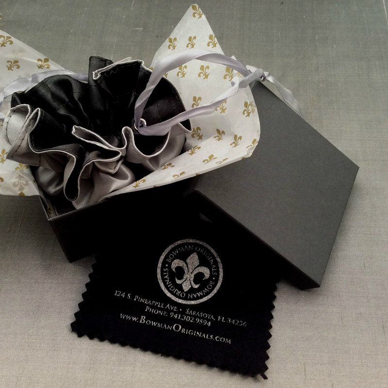 Packaging for handmade jewelry by Bowman Originals, Sarasota, 941-302-9594.