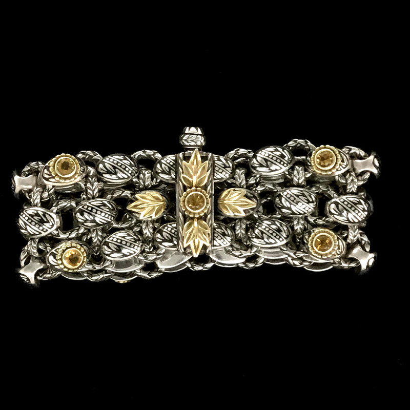 Clasp on Laurel Leaf Bracelet handmade by Bowman Originals in Sterling Silver, 18 k Gold, Citrine, Black Enamel. Sarasota, Florida. 941-302-9594 