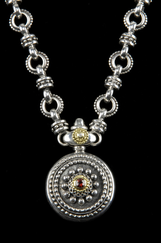 Sundial Necklace, Silver, Gold, Diamond, Garnet handmade by Bowman Originals, Sarasota, 941-302-9594.