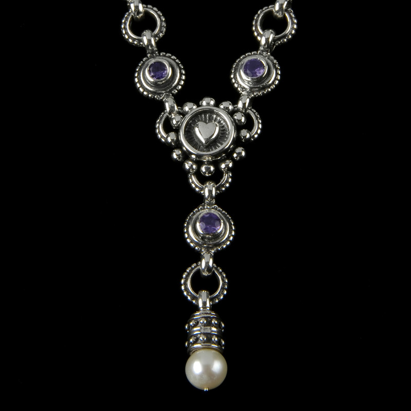 Amethyst, Pearl and Sterling Silver handmade Heart "Y" Necklace by Bowman Originals, Sarasota, 941-302-9594.