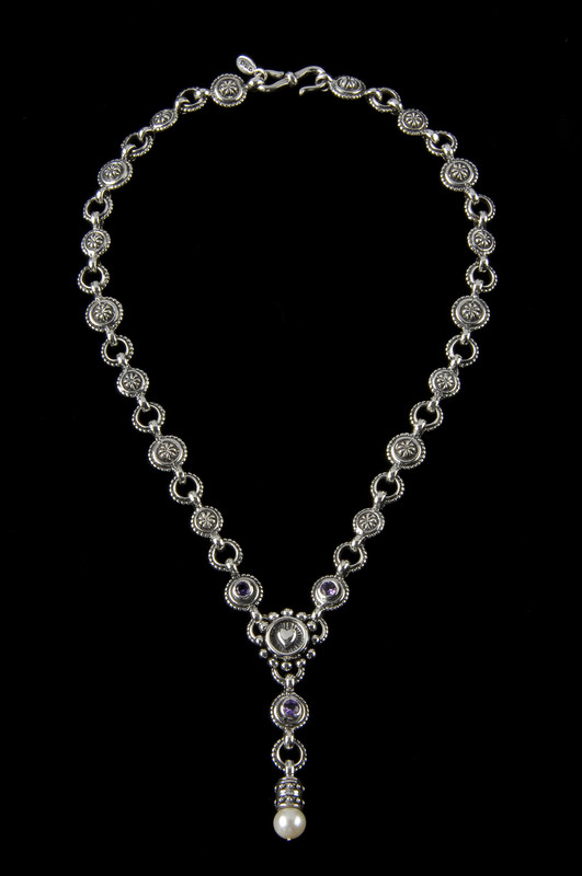 Handmade Heart "Y" Necklace in Sterling Silver, Amethyst and Pearl by Bowman Originals, Sarasota, 941-302-9594.