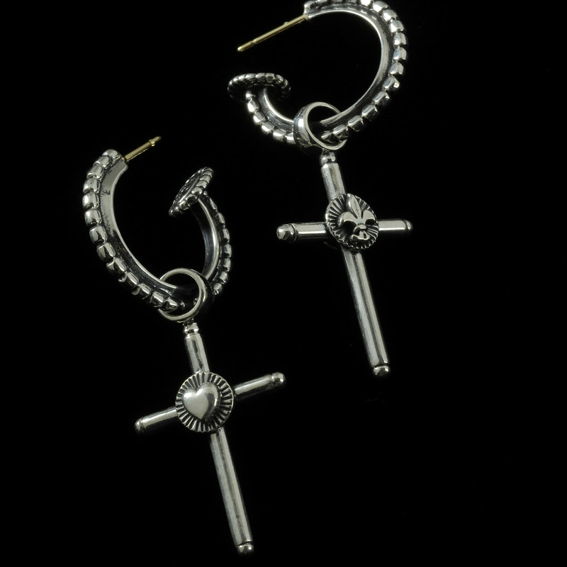 Hoop Earrings with Crosses, Silver