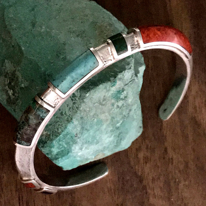 Cuff Bracelet in Sterling Silver featuring Chrysocolla and Lapis by Bowman Originals. 941-302-9594