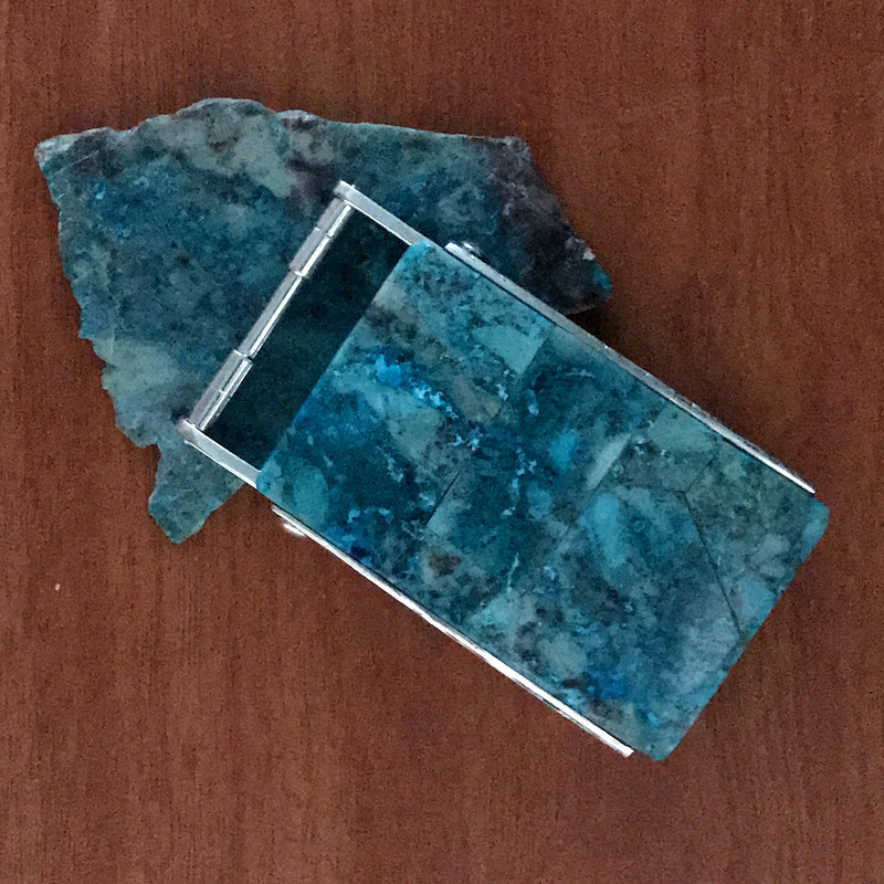 Handmade Belt Buckle, Silver, Chrysocolla in Quartz, 1.5 inch | Bowman Originals, Sarasota, 941-302-9594