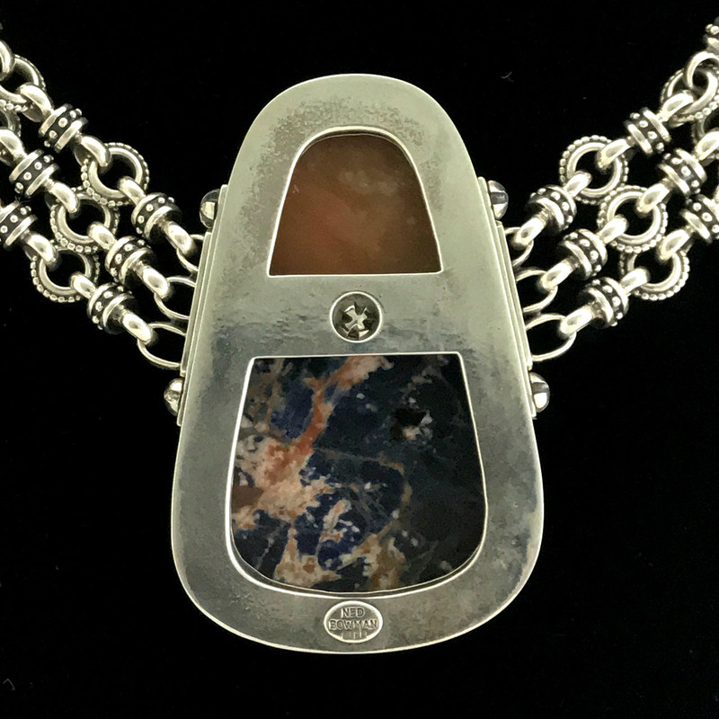 Back view, handmade Sterling Silver Necklace featuring Sodalite and carved Alabaster by Bowman Originals, Sarasota, 941-302-9594.