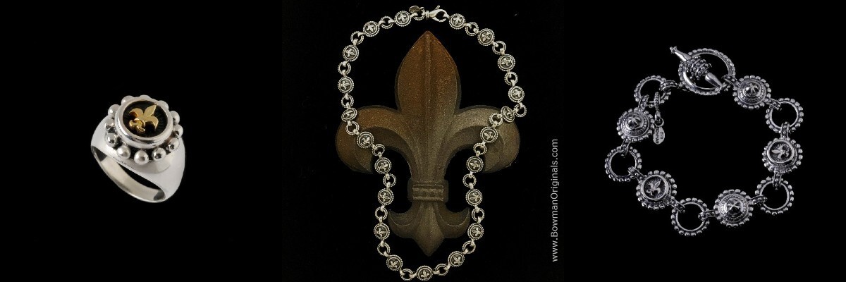 Artisan Handmade Fleur de Lis Collection in Sterling Silver, 18k Gold, Enamel and Gemstones by Ned Bowman of Bowman Originals
