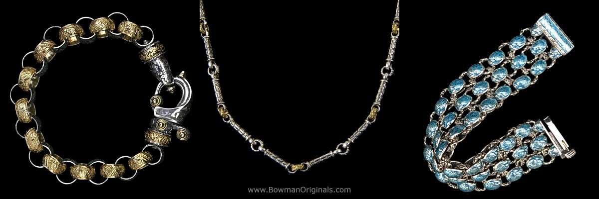 Artisan handmade Laurel Leaf Collection of Sterling Silver, 18k Gold, Vitreous Enamel by Ned Bowman of Bowman Originals