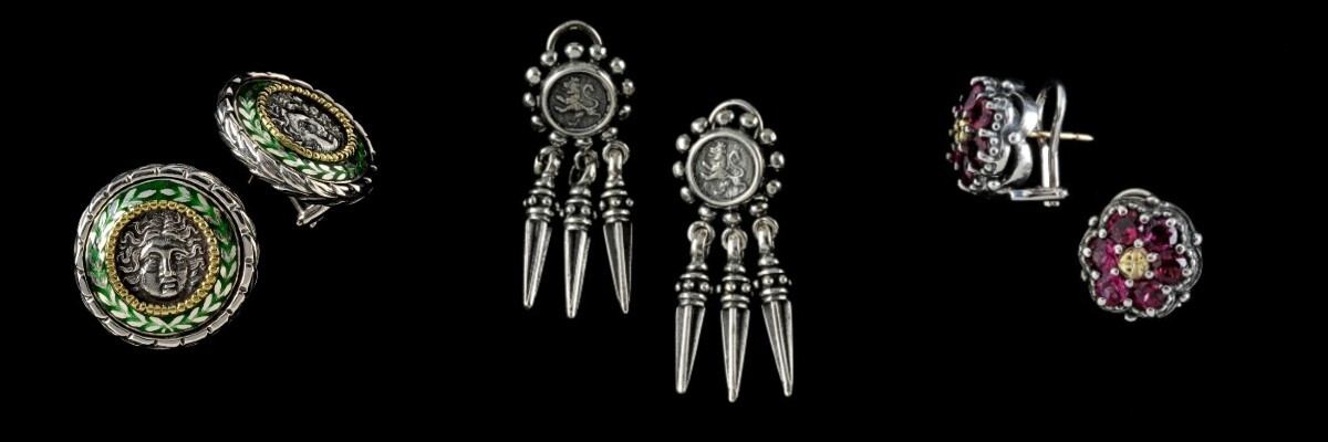 Handmade Sterling Silver and 18k Gold Button, Laurel Leaf, Enamel and Drop Earrings by Ned Bowman of Bowman Originals