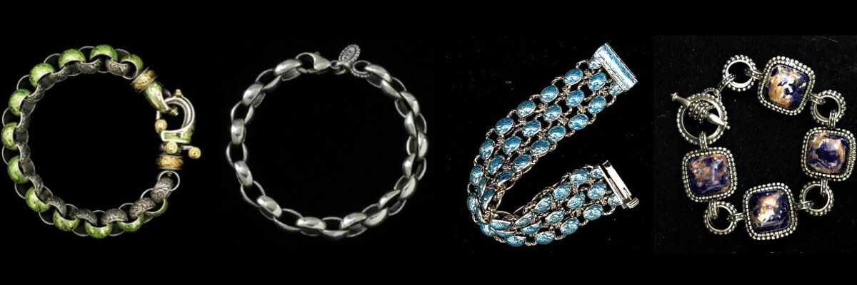 Handcrafted sterling silver and 18k gold bracelets with enamel and gemstones by Bowman Originals, made in the USA.