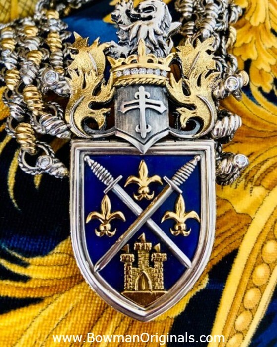 Sterling Silver, 18k Gold, Diamond and Enamel Crest Necklace Handmade by Bowman Originals