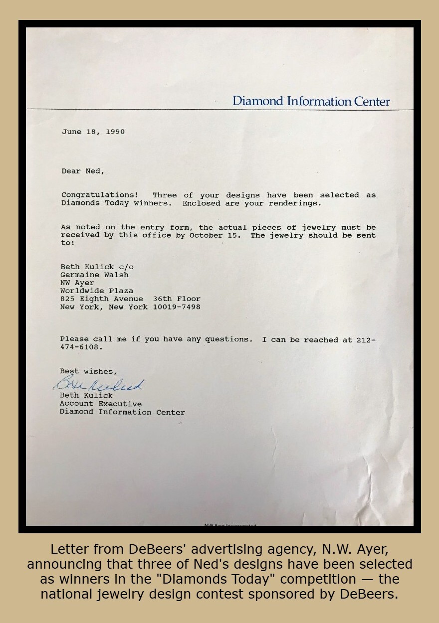 Letter announcing Ned winning three DeBeers Diamonds Today Awards 