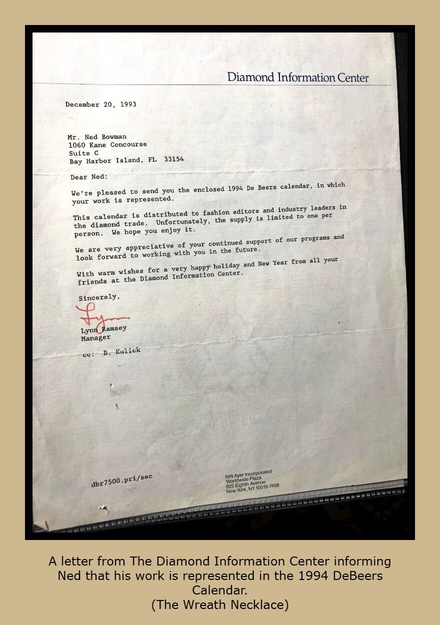 Letter informing Ned his work is represented in the 1994 DeBeers Calendar