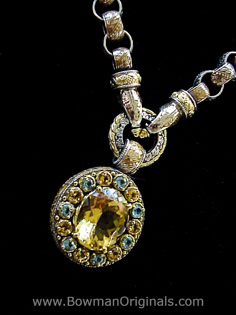 Sterling Silver, 18k Gold, Enamel, Citrine and Blue Topaz Necklace by Bowman Originals