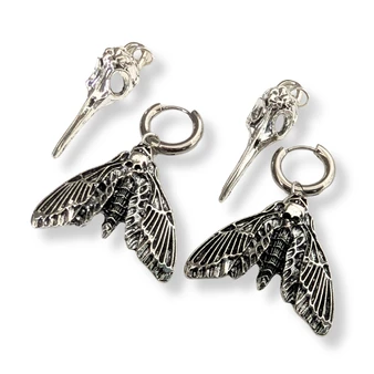 Death Moth & Raven Skull Earrings – Mix & Match Silver Hoops Goth Alt