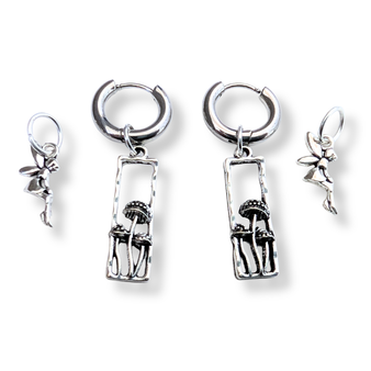 Mushroom & Fairy Charm Earrings – Mix & Match Silver Hoops, Fairycore Alt Jewelry