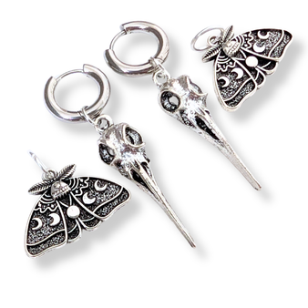 Celestial Moth & Bird Skull Earrings – Interchangeable Silver Charm Hoops, Gothic Oddity Jewelry